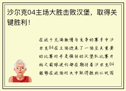 沙尔克04主场大胜击败汉堡，取得关键胜利！