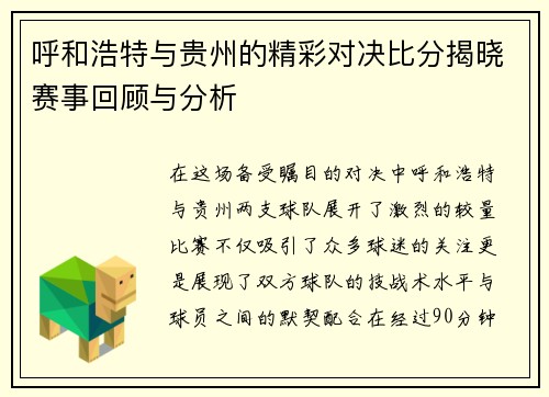 呼和浩特与贵州的精彩对决比分揭晓赛事回顾与分析